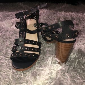 Size 12 open toe caged black heel